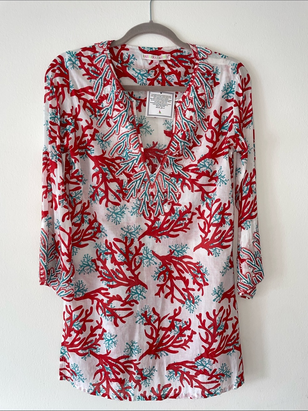NWT $117 BARBARA GERWIT Coastal Coral Print Coverup Tunic XS Heavily Beaded WOW